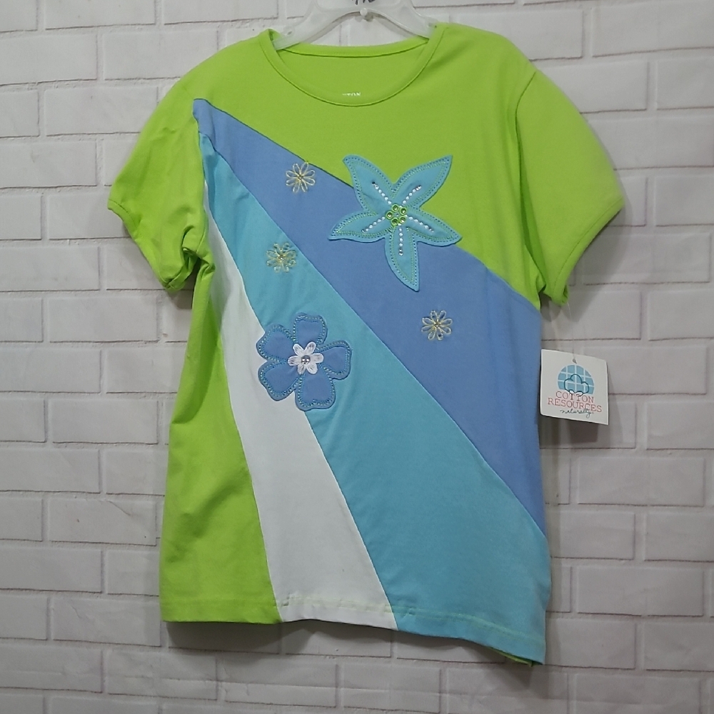 Lime Green and Blue Short Sleeve Tee with Floral Design